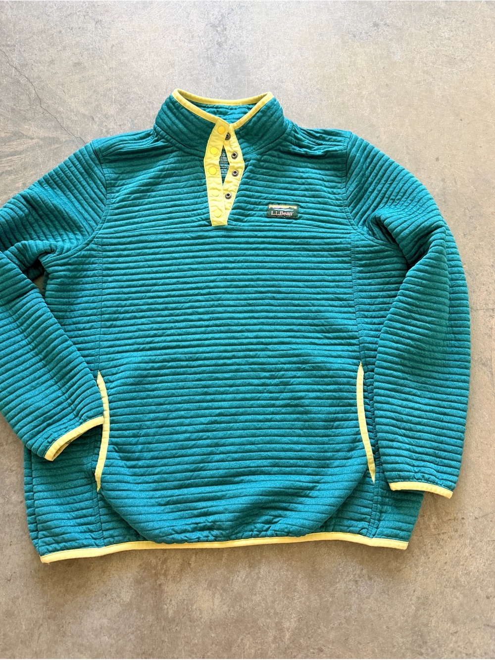 L.L.Bean Women’s Large Teal Ribbed Fleece Snap Pullover Yellow Trim Outdoors